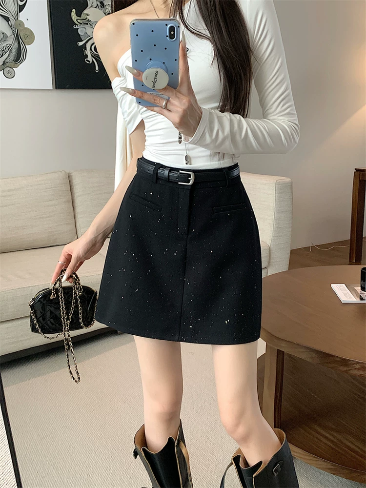 Váy vest màu xám bóng, size lớn cho nữ, váy chữ A chống lộ mùa hè, váy ngắn cạp cao che hông.