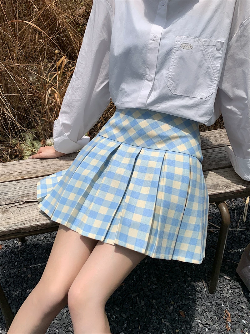 Váy xếp ly kẻ sọc xanh kiểu Mỹ dành cho nữ, cỡ lớn, váy chữ A cạp cao, phong cách đại học mùa hè, váy ngắn kẻ sọc chống lộ