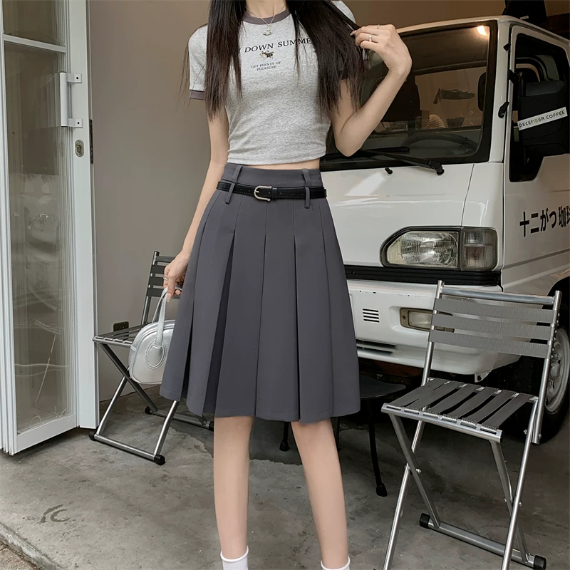 Bộ vest màu xám cỡ lớn với chân váy dài trung bình dành cho nữ, thiết kế mùa hè, chân váy chữ A độc đáo, chân váy xếp ly cao eo.