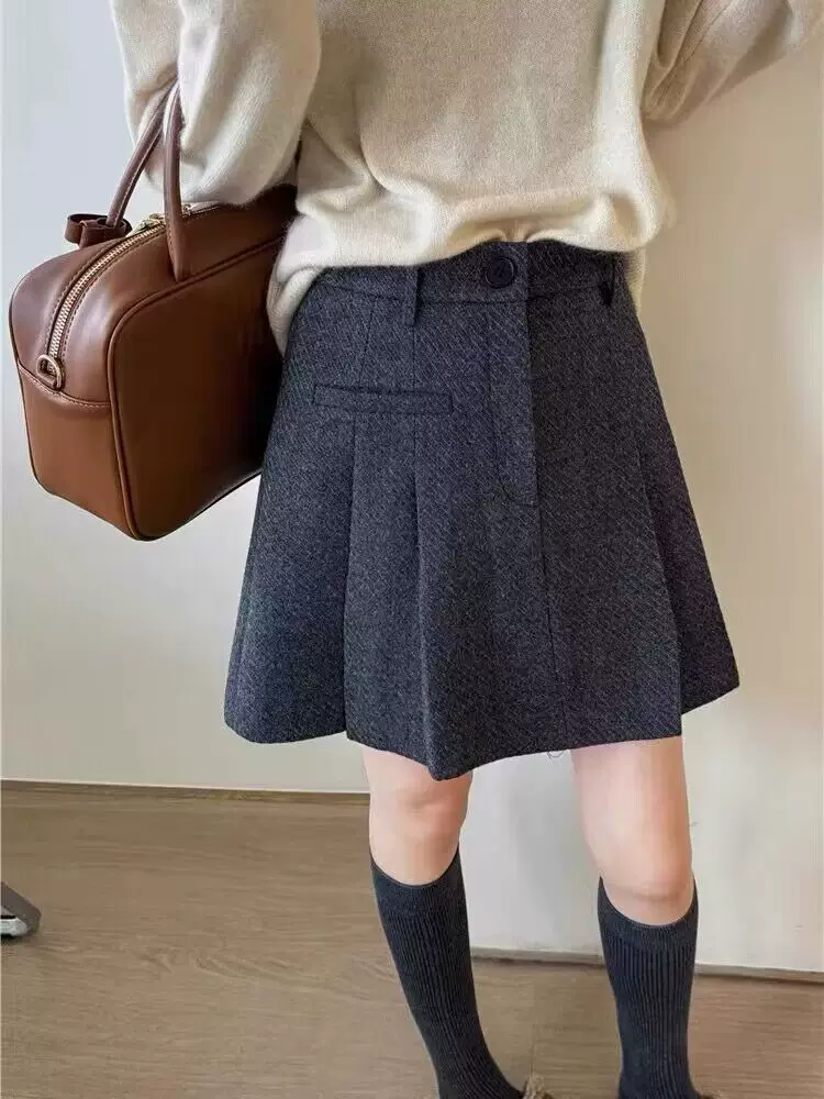 Váy len dày màu xám xếp ly váy ngắn dành cho nữ mùa thu đông cỡ lớn eo cao phong cách preppy Váy chữ A chống lộ váy nửa thân