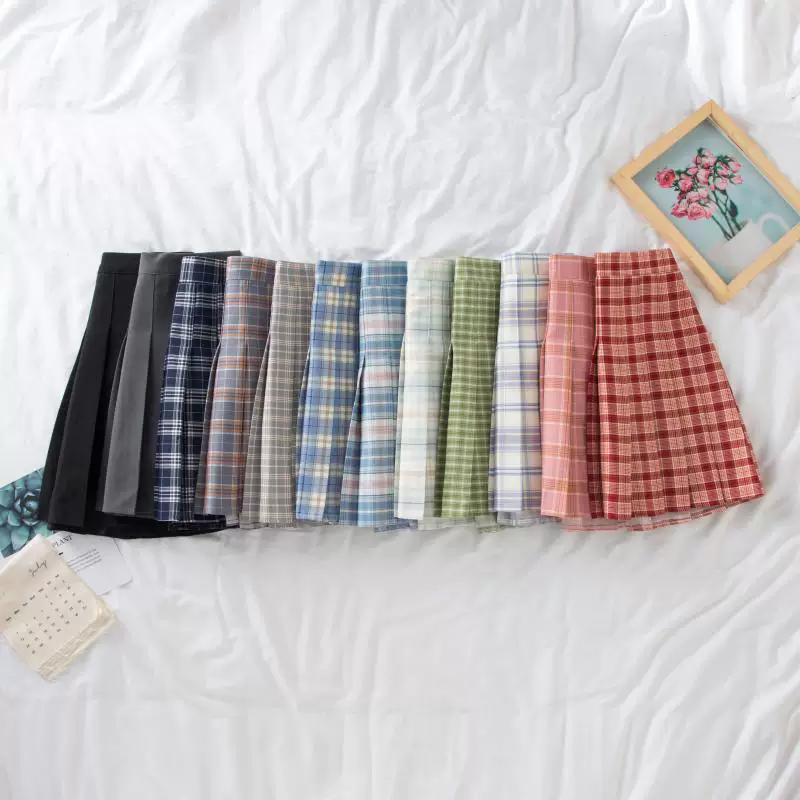 Váy xếp ly lưng cao màu đen cỡ lớn dành cho nữ, váy chữ A, mùa hè, dành cho những cô nàng mũm mĩm, phong cách preppy, váy ngắn kẻ sọc chống lộ, váy JK.