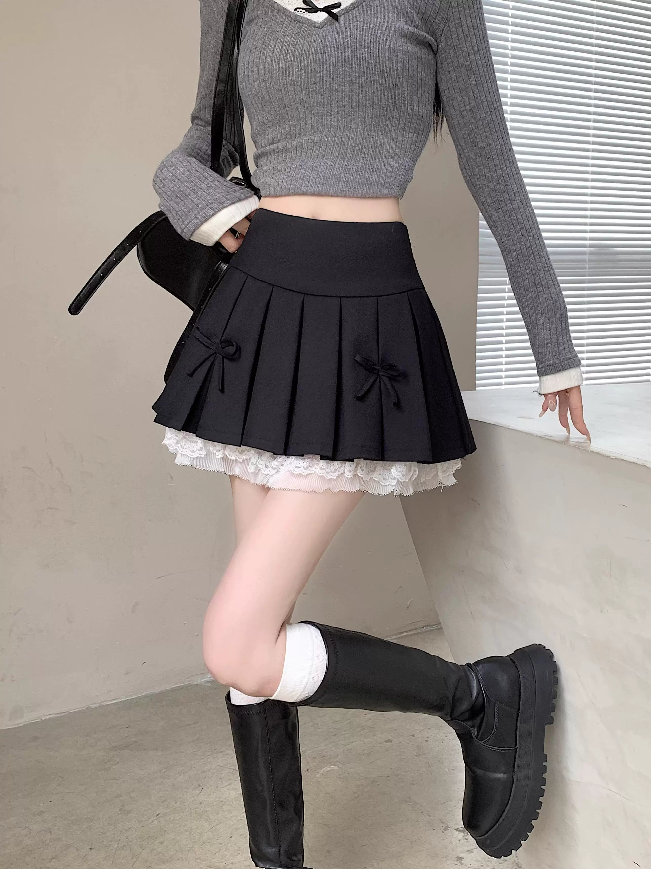 Váy xòe phối ren cỡ lớn dành cho nữ, thiết kế mùa hè, váy xếp ly nơ màu xám, váy ngắn chữ A lưng cao.