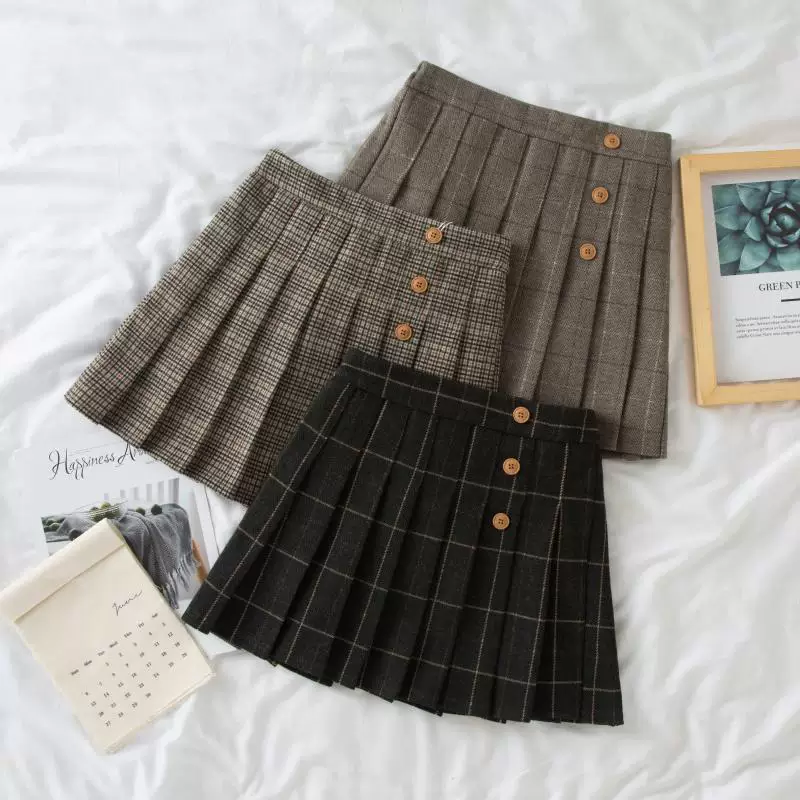 Váy len xếp ly cỡ lớn, váy ngắn, váy nửa thân cho nữ, mùa thu đông, giảm béo cho phụ nữ mũm mĩm, che hông, váy kẻ sọc dày, váy chữ A.