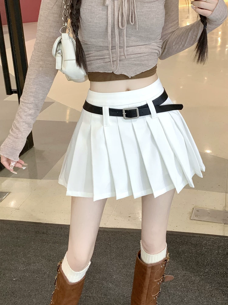 Váy xếp ly lưng cao màu trắng dành cho nữ, mùa xuân hè, váy ngắn chữ A nhỏ nhắn, phong cách học sinh JK, váy nửa thân chống lộ, tôn dáng.