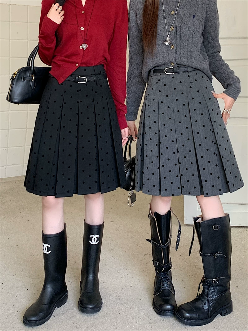 Váy chấm bi màu xám cỡ lớn, váy cạp cao, váy chữ A phong cách preppy dành cho nữ, váy xếp ly dài vừa phải giúp giảm béo mùa xuân hè