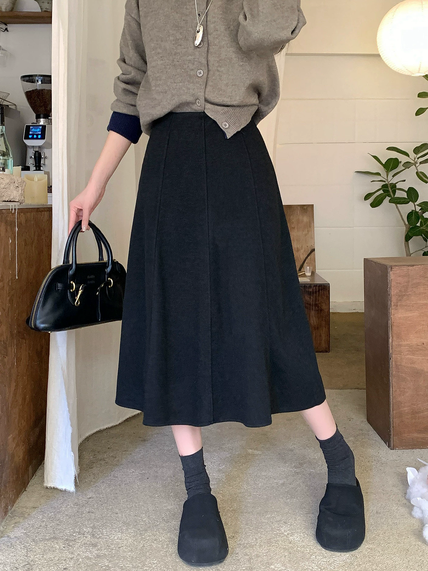 Váy midi len kiểu Pháp dành cho nữ, mùa thu đông, dáng quả lê, váy dài chữ A, lưng cao, tôn dáng, váy dáng dù, lưng thun, váy vạt rộng.