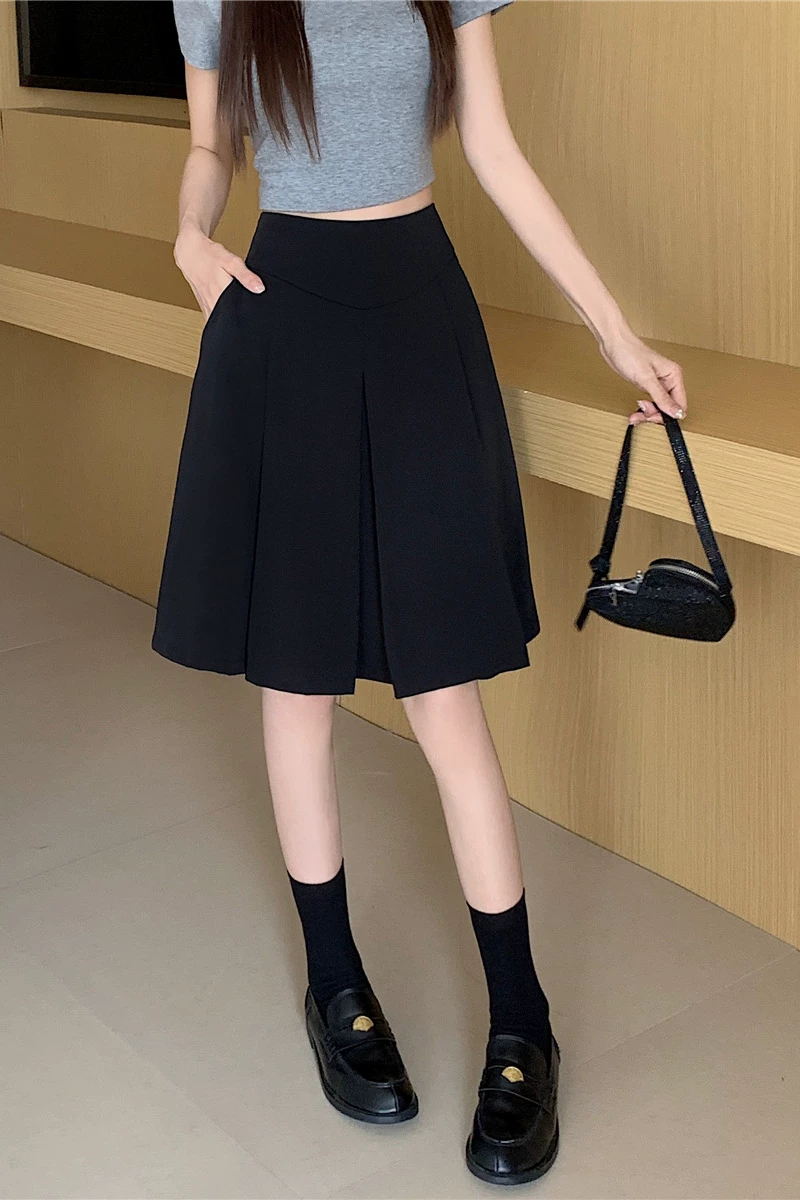 Váy kiểu học sinh màu đen, che hông, xếp ly, mùa xuân hè, size lớn, cạp cao, dáng chữ A, đa năng, dài ngang đùi