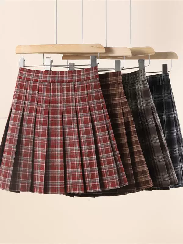 Váy kẻ sọc đỏ len cỡ lớn, váy xếp ly dày dành cho nữ, váy chữ A phong cách đại học mùa thu đông, váy ngắn kẻ sọc cà phê.