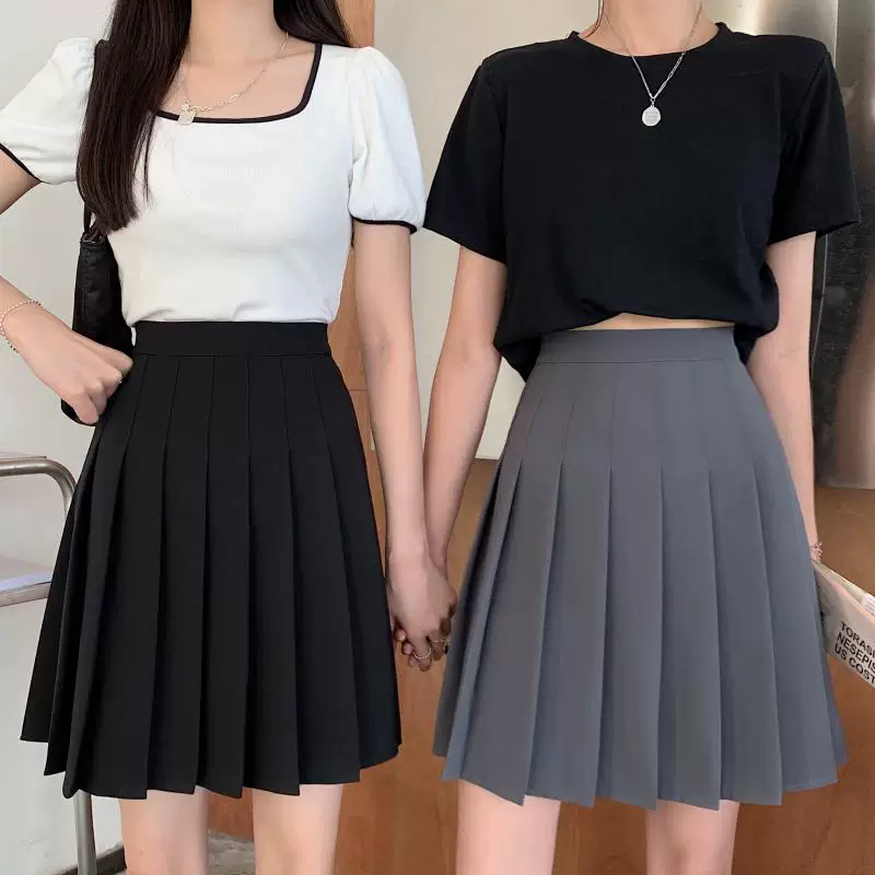 Váy xếp ly màu xám cỡ lớn dành cho nữ, mùa hè, váy trắng lưng cao, dài vừa phải, phong cách học sinh, váy chữ A kiểu JK giúp thon gọn.