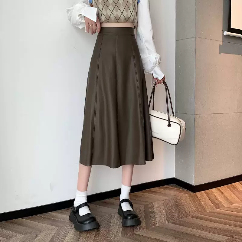Váy da PU cạp cao cỡ lớn dành cho nữ, váy dài che bụng màu trơn mùa thu đông, váy chữ A thon gọn cho dáng quả lê.