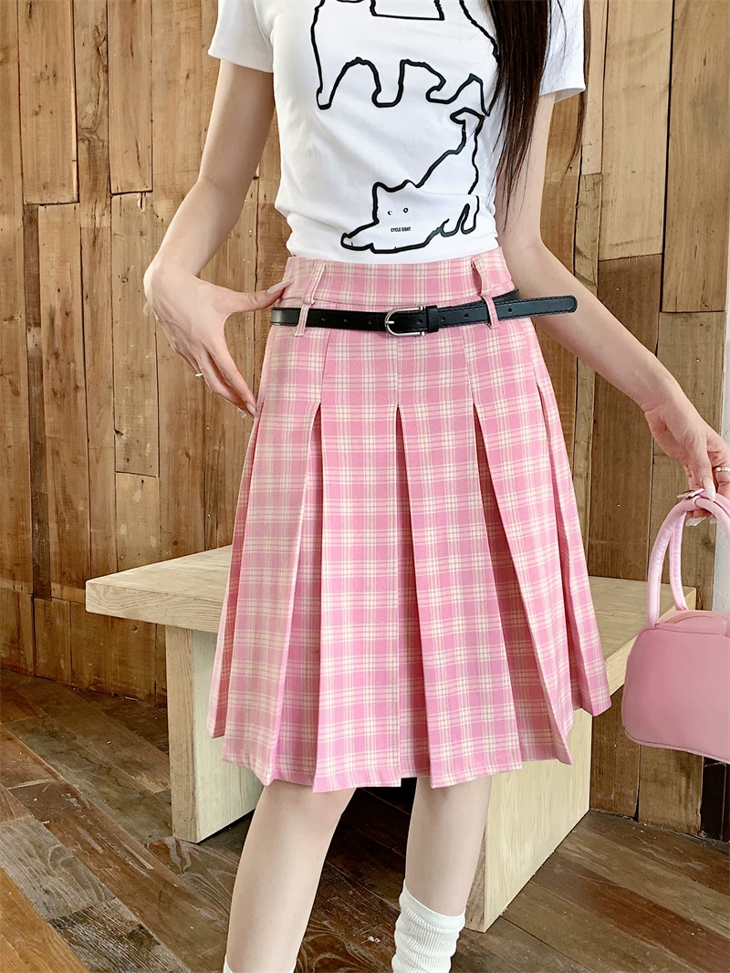 Váy kẻ sọc hồng, size lớn, váy xếp ly dài vừa phải, váy chữ A họa tiết phong cách preppy Mỹ, váy ngắn cạp cao tôn dáng