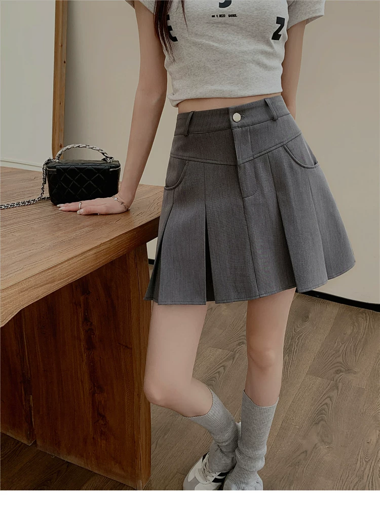 Váy xếp ly màu xám dành cho nữ, váy ngắn cạp cao, dáng ôm, thiết kế độc đáo, phong cách học sinh, kiểu dáng chữ A, size lớn, mùa hè.