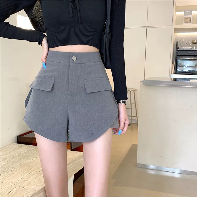 Quần short vest đen lưng cao dành cho nữ, quần ống rộng dáng chữ A rộng rãi, thiết kế độc đáo, quần công sở thường ngày, size lớn mùa hè.