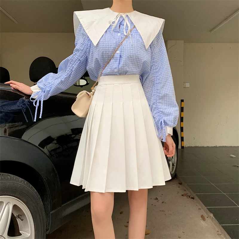 Váy xếp ly màu trắng cỡ lớn dành cho nữ, mùa xuân hè, váy midi chữ A cạp cao, tôn dáng, dáng dài, phong cách preppy, kiểu váy xòe.