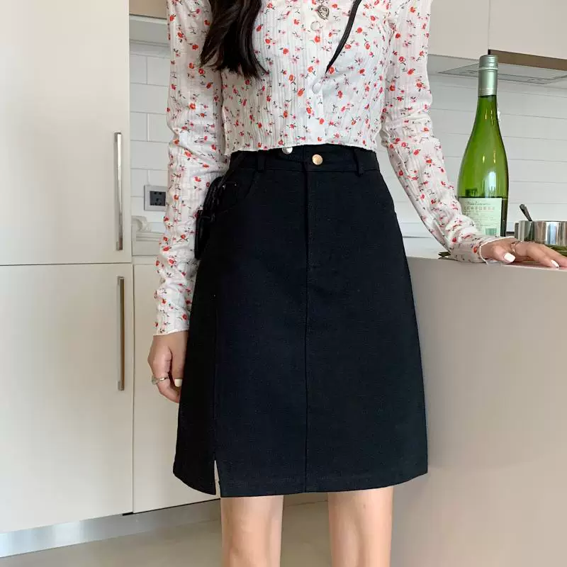 Váy denim đen, váy midi chữ A xẻ tà mùa hè dành cho nữ, size lớn, che bụng, thon gọn, ôm sát body, váy dài trung bình.