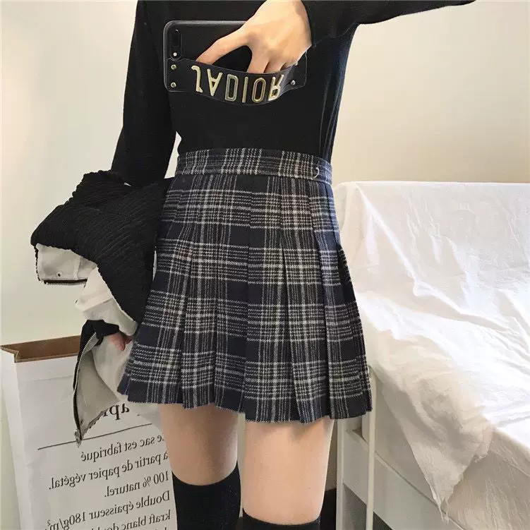 Váy len kẻ sọc kaki xếp ly váy ngắn dành cho nữ mùa thu đông cỡ lớn váy chữ A lưng cao váy phong cách preppy váy chống lộ