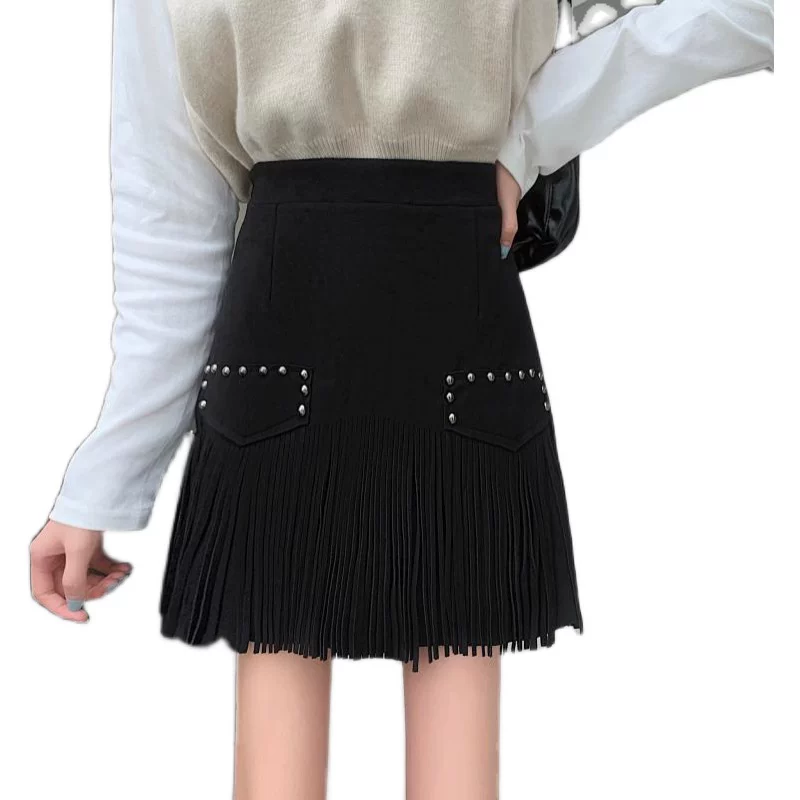 Váy ngắn da lộn lưng cao cỡ lớn dành cho nữ, phong cách Hàn Quốc mới thu đông 2023, váy bút chì dáng chữ A tua rua cỡ lớn.