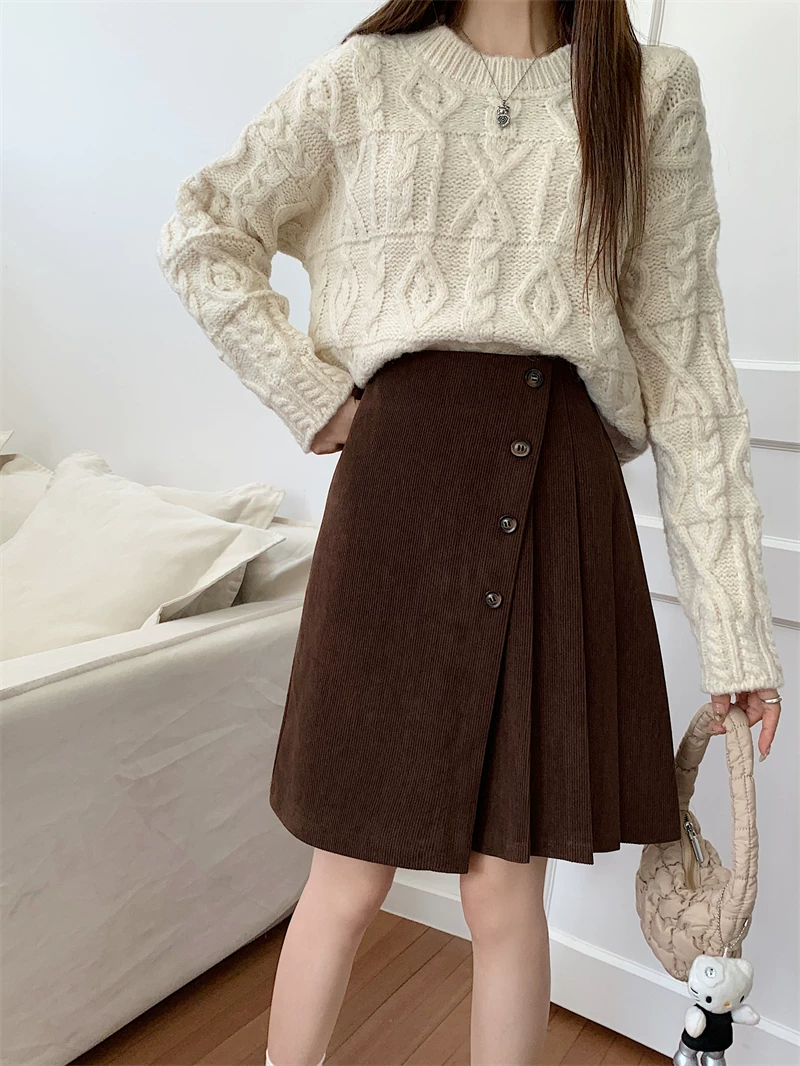 Váy xếp ly bằng vải nhung, dài vừa phải, cỡ lớn, váy ngắn bất đối xứng, váy chữ A che hông mùa thu đông, váy thiết kế dành cho nữ