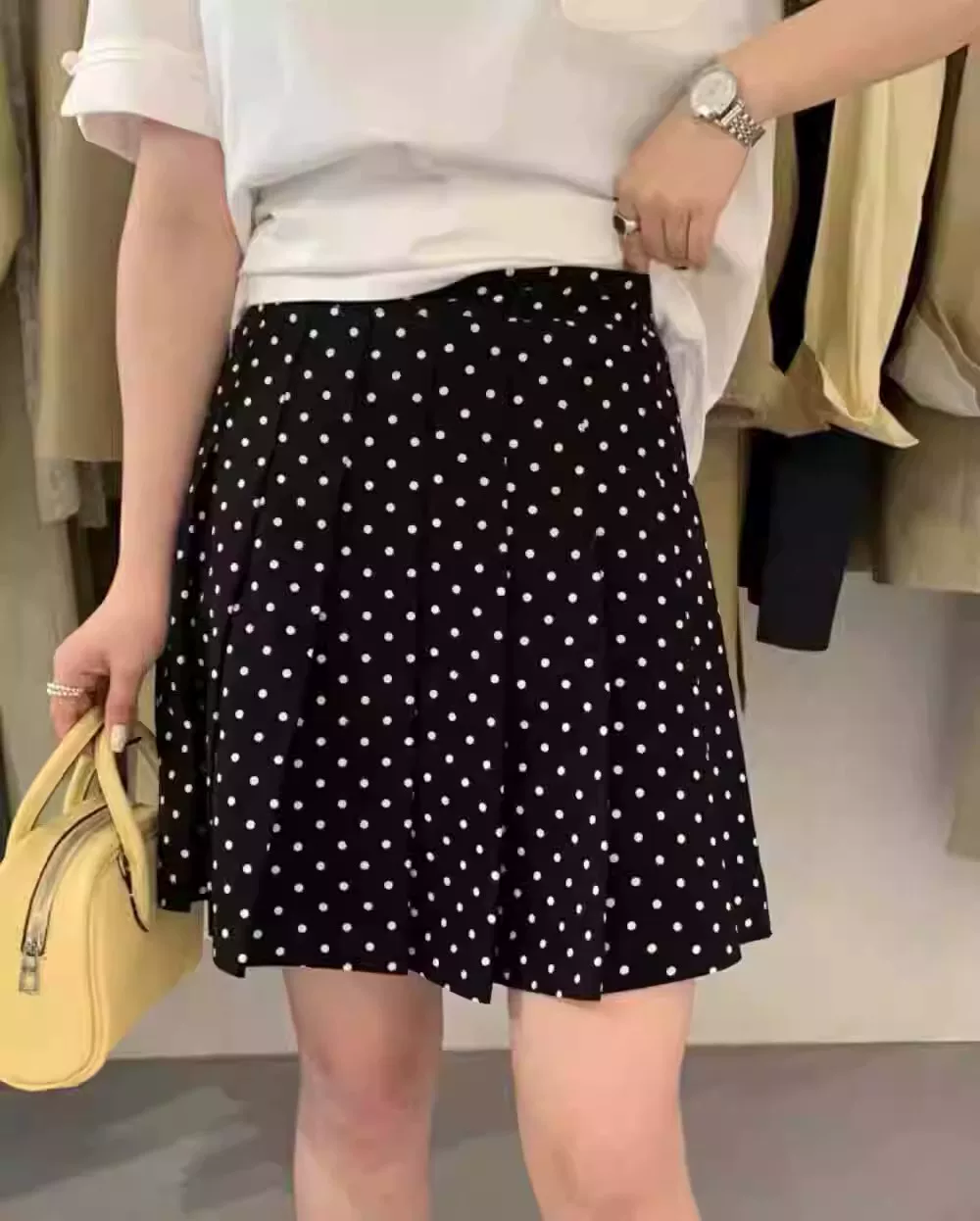 Váy xếp ly voan chấm bi dành cho nữ, váy bodycon chữ A cạp cao cỡ lớn mùa hè, giúp giảm béo cho phụ nữ cỡ lớn, váy nửa thân chống lộ.