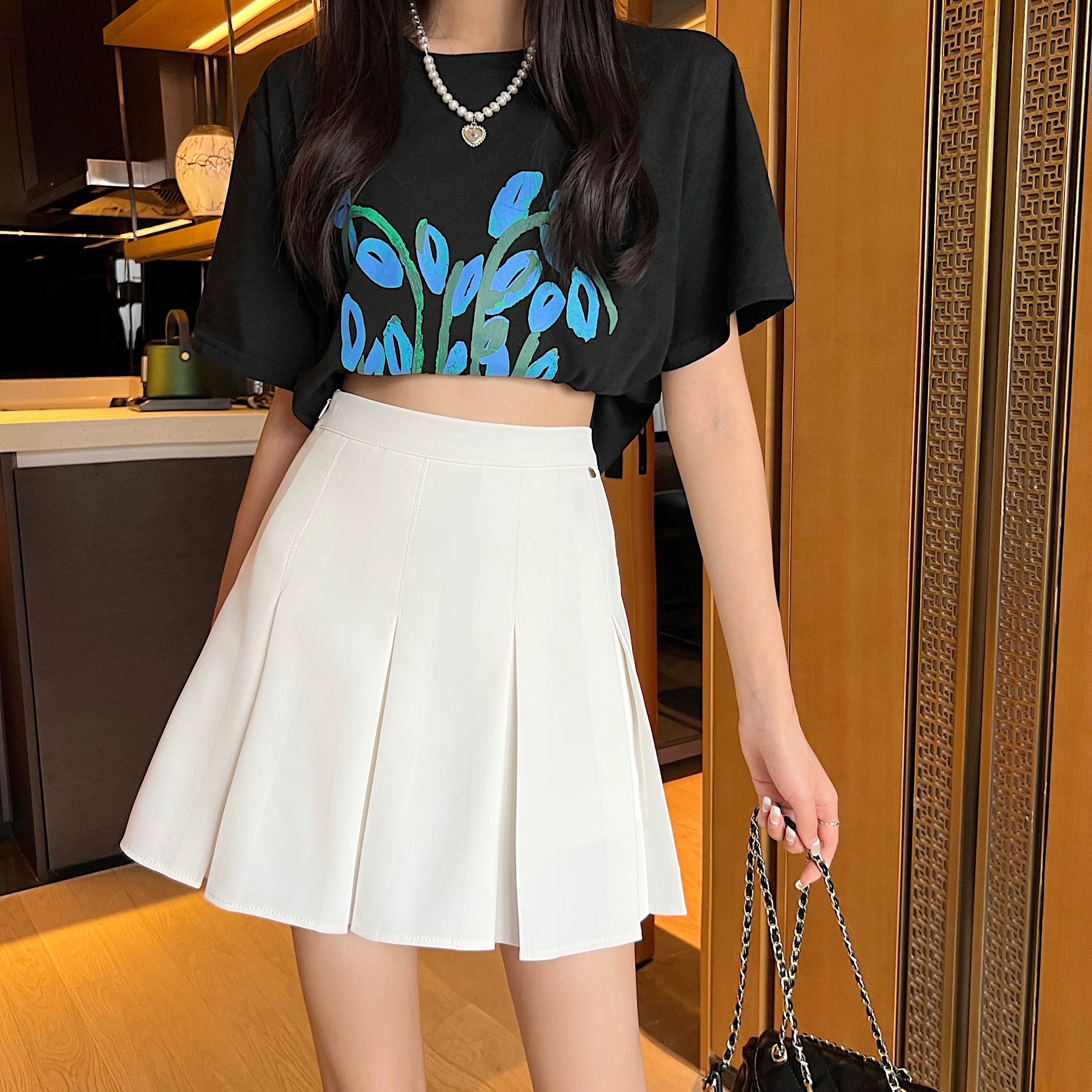 Váy xếp ly kiểu preppy cỡ lớn dành cho nữ, váy chữ A màu xám lưng cao mùa hè, tôn dáng, chống lộ, kiểu dáng vest, váy ngắn kiểu JK.