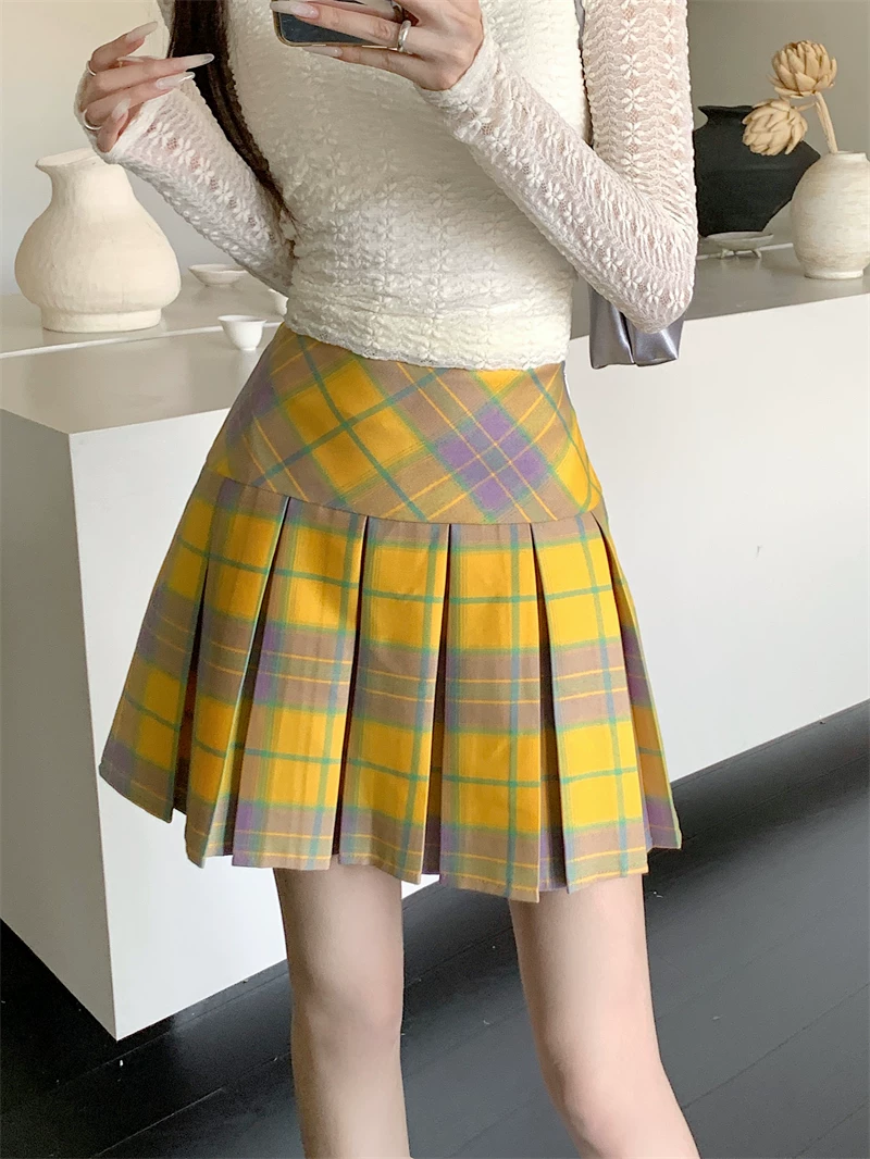 Váy xếp ly kẻ sọc vàng cổ điển kiểu Mỹ mùa hè cỡ lớn eo cao váy ngắn giảm béo váy kẻ sọc chữ A ôm hông dành cho nữ