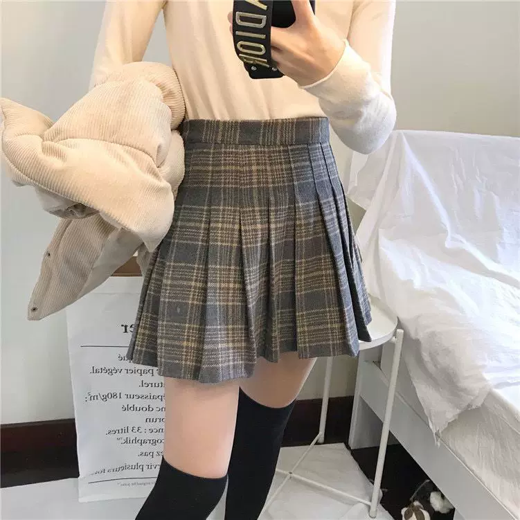 Váy len kẻ sọc kaki xếp ly váy ngắn dành cho nữ mùa thu đông cỡ lớn váy chữ A lưng cao váy phong cách preppy váy chống lộ