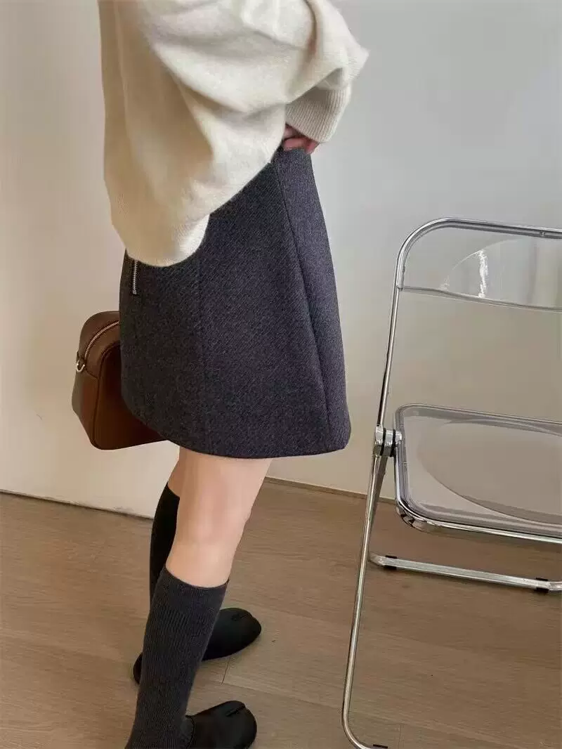 Váy xám cho nữ, mùa thu đông, cỡ lớn, váy ngắn len dày, váy bút chì lưng cao, váy chữ A giảm béo màu cà phê.