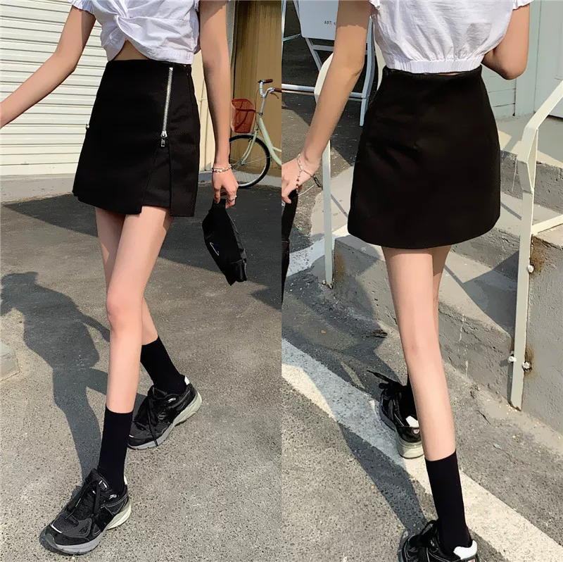 Váy ôm hông cho nữ, mùa xuân hè, xẻ tà, lưng cao, ôm dáng, váy chữ A không đều, quần váy cỡ lớn màu đen, váy ngắn