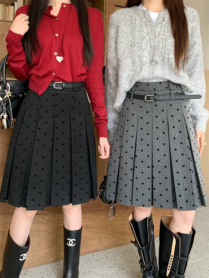 Váy chấm bi màu xám cỡ lớn, váy cạp cao, váy chữ A phong cách preppy dành cho nữ, váy xếp ly dài vừa phải giúp giảm béo mùa xuân hè