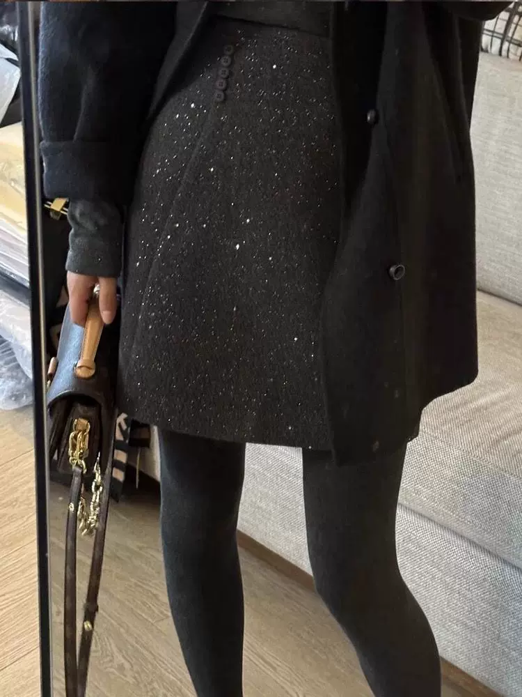 Váy len sequin cỡ lớn dành cho nữ, váy sáng bóng mùa thu đông, thiết kế cạp cao, váy chữ A, váy ngắn ôm hông.