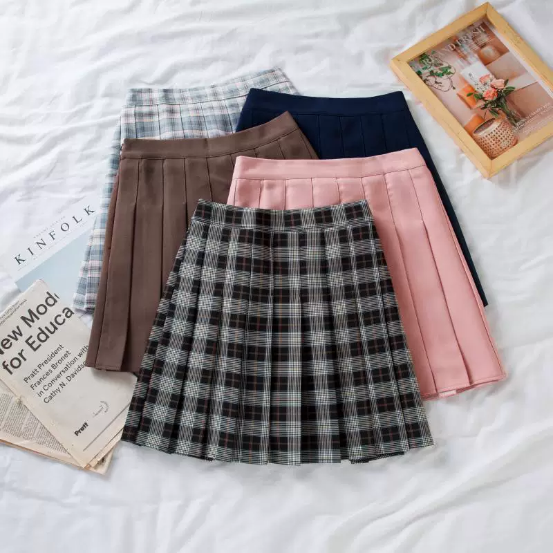 Váy xếp ly kẻ sọc JK dành cho nữ, váy chữ A cạp cao che hông cỡ lớn mùa hè, váy ngắn dành cho phụ nữ cỡ lớn, quần váy học sinh giảm béo