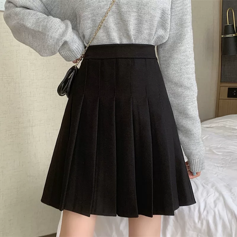 Váy len xếp ly màu đen cỡ lớn, dài vừa phải, mùa thu đông 2021 dành cho nữ, váy lưng cao dành cho phụ nữ mũm mĩm, váy chữ A thon gọn.