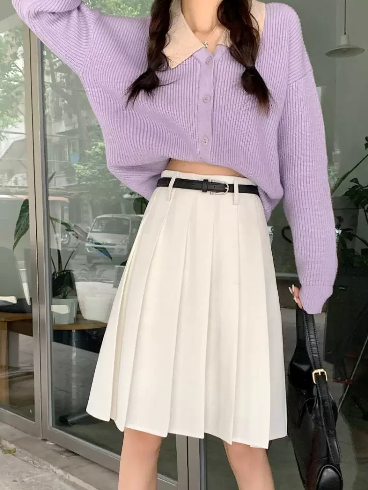 Váy xếp ly trắng nữ, váy dài trung bình, kiểu mới hè 2025, cạp cao, dáng chữ A tôn dáng, váy xòe, váy nửa thân size lớn.