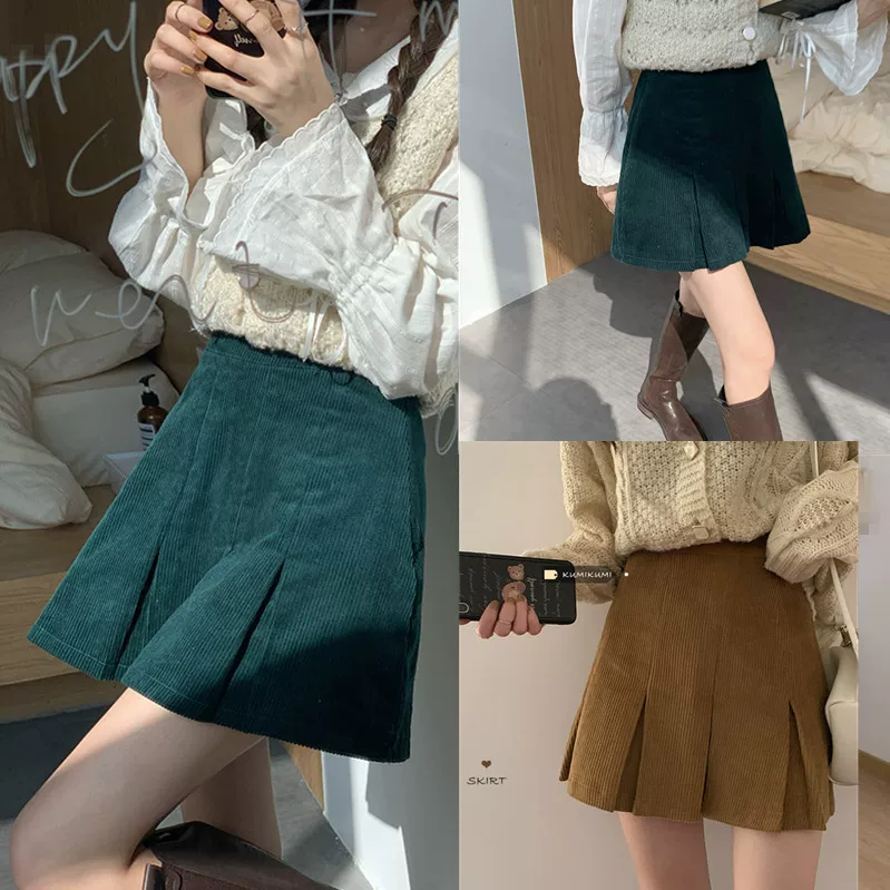 Váy xếp ly nhung kẻ cỡ lớn dành cho nữ, váy chữ A màu xanh lá cây mùa thu đông, tôn dáng, che bụng, váy ngắn dành cho phụ nữ nhỏ nhắn.