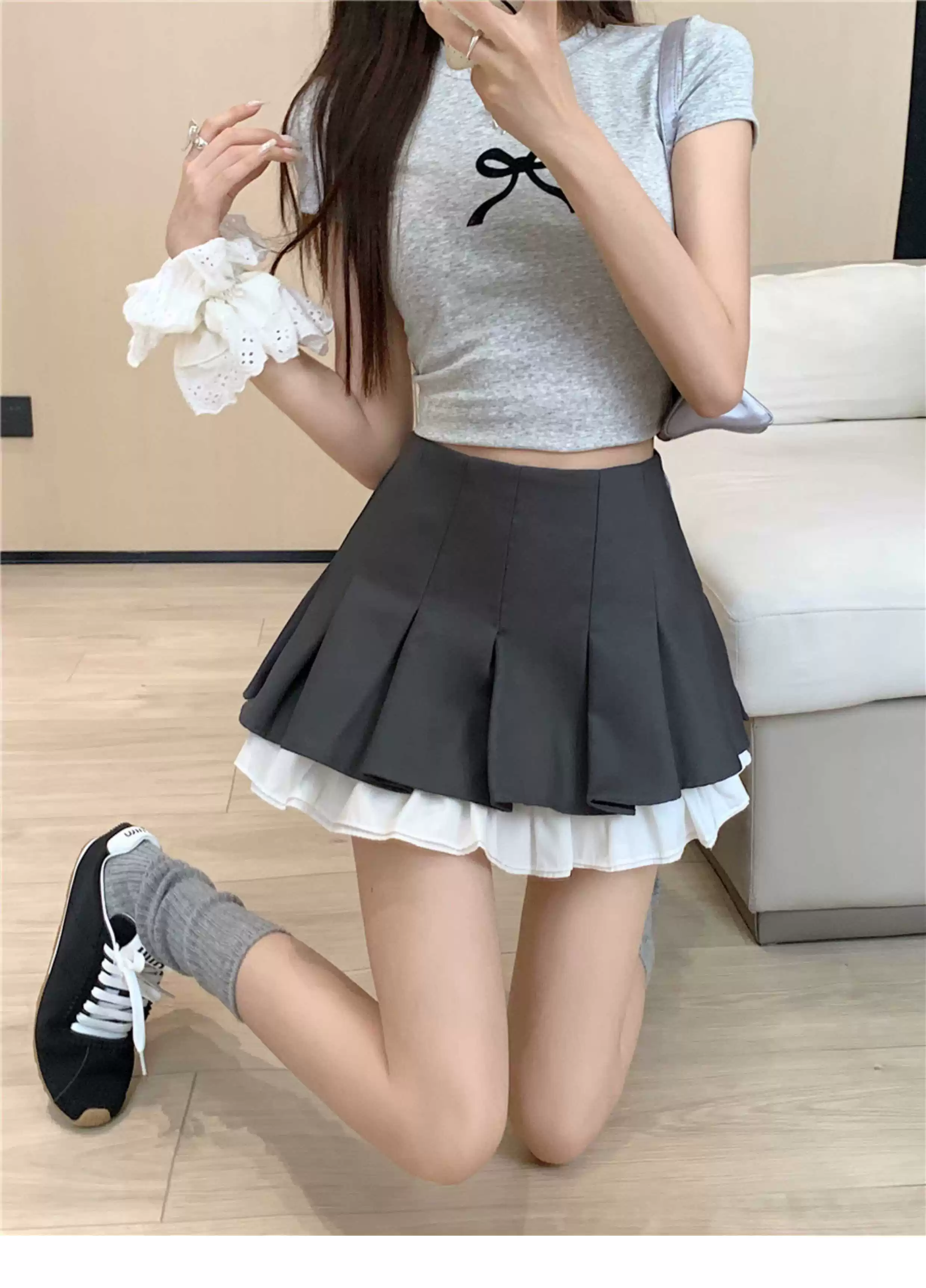 Váy ngắn kiểu Mỹ gợi cảm, váy xếp tầng cao eo cỡ lớn, quần váy xếp ly thiết kế, váy chữ A mùa hè dành cho người nhỏ nhắn.