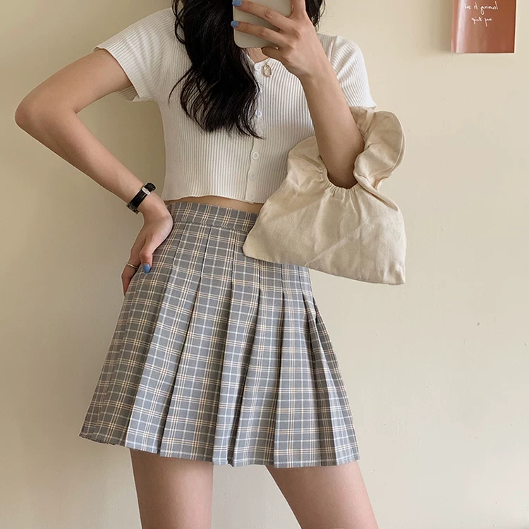 Váy xếp ly lưng thun size lớn cho nữ, váy ngắn kiểu JK dành cho người mập, váy ngắn kẻ caro dáng chữ A cao eo tôn dáng mùa hè dành cho học sinh nữ