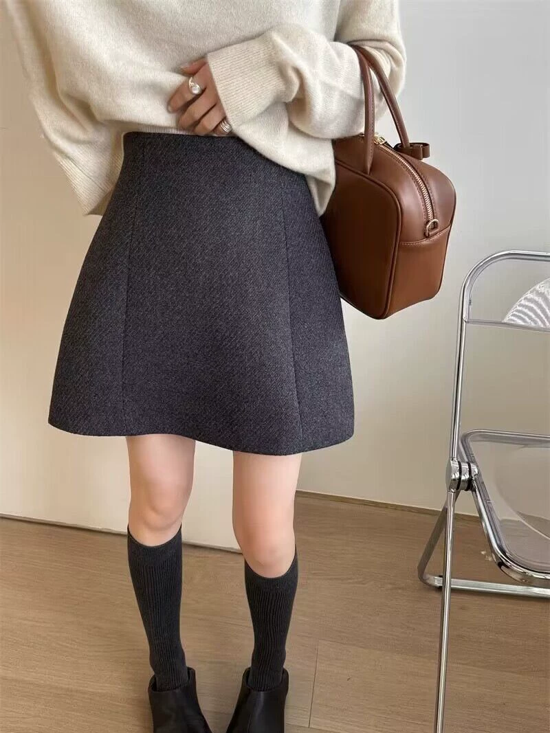 Váy xám cho nữ, mùa thu đông, cỡ lớn, váy ngắn len dày, váy bút chì lưng cao, váy chữ A giảm béo màu cà phê.
