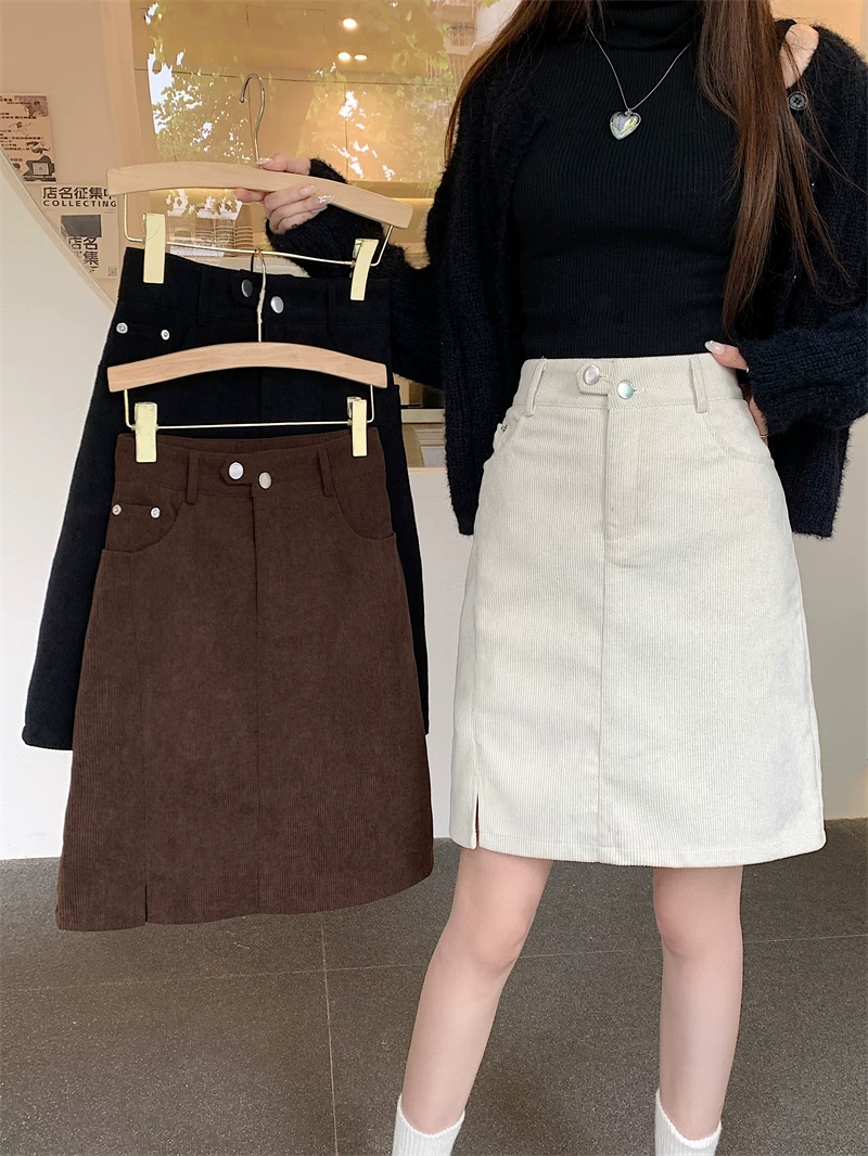 Váy nhung kẻ sọc cao eo, dáng xòe, có đường xẻ, dành cho nữ, mùa thu đông, kiểu dáng nhỏ nhắn, váy midi ôm hông cổ điển.