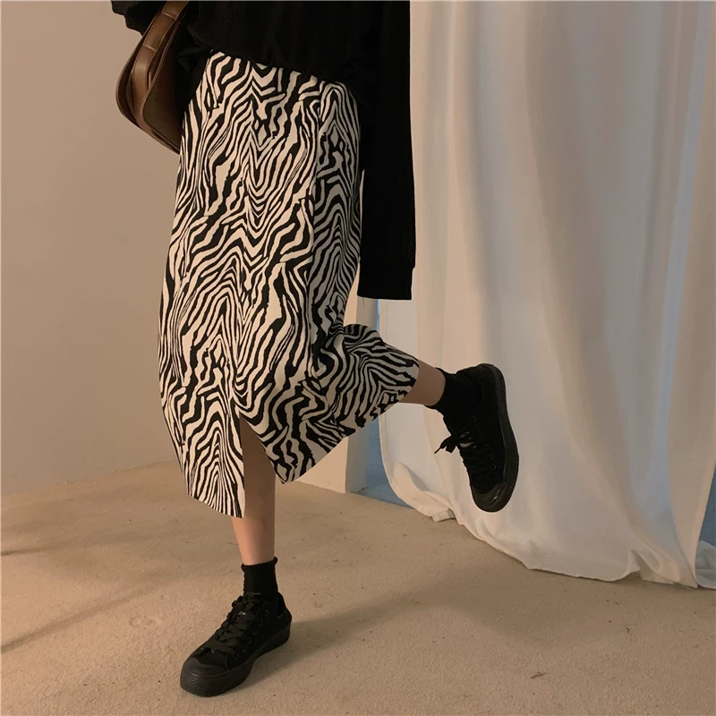 Váy xẻ tà dài vừa phải kiểu retro họa tiết ngựa vằn phong cách Hàn Quốc mùa hè lưng cao thon gọn đa năng kiểu chữ A dành cho nữ