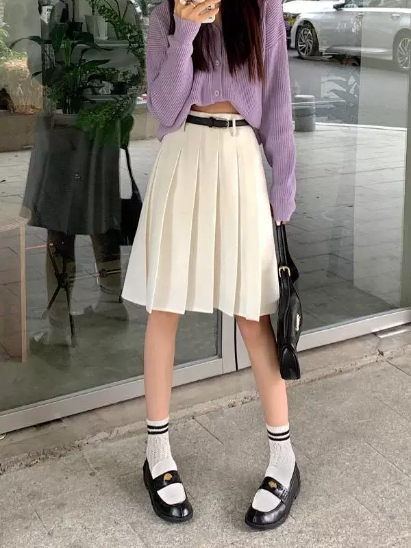 Váy xếp ly trắng nữ, váy dài trung bình, kiểu mới hè 2025, cạp cao, dáng chữ A tôn dáng, váy xòe, váy nửa thân size lớn.