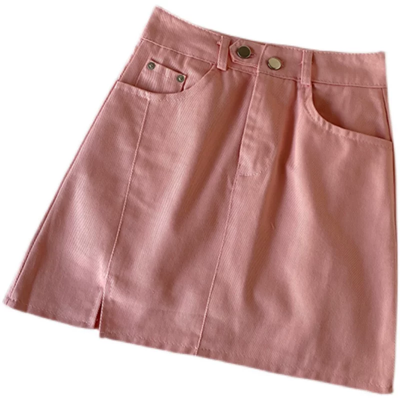 Váy denim mini xẻ tà cỡ lớn dành cho nữ, mùa hè, lưng cao, váy chữ A mỏng, tôn dáng, che hông, váy bút chì đa năng.