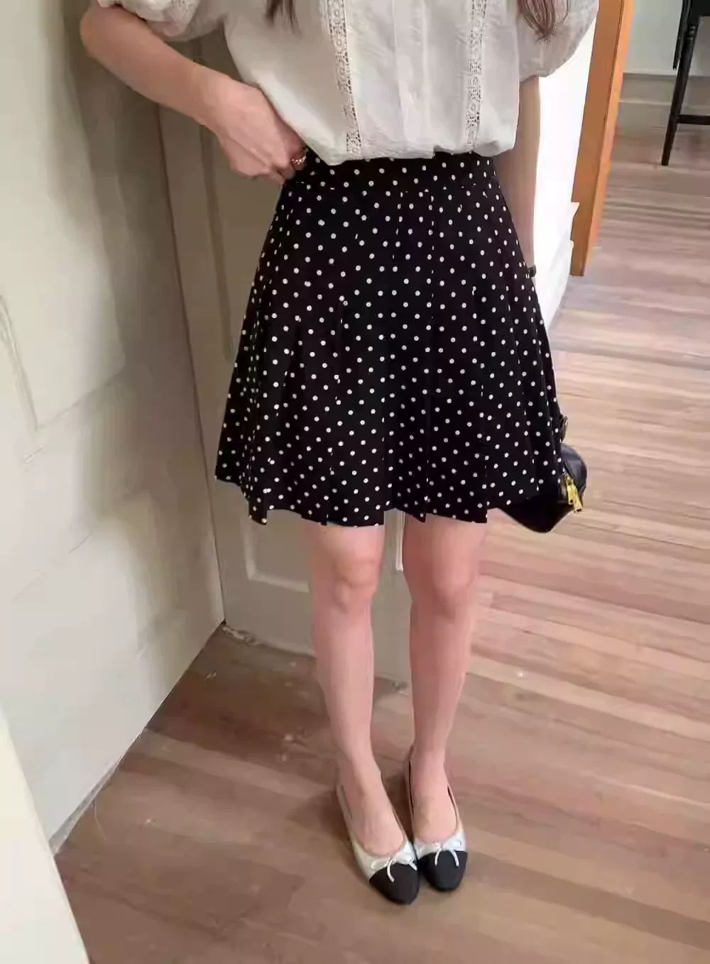 Váy xếp ly voan chấm bi dành cho nữ, váy bodycon chữ A cạp cao cỡ lớn mùa hè, giúp giảm béo cho phụ nữ cỡ lớn, váy nửa thân chống lộ.