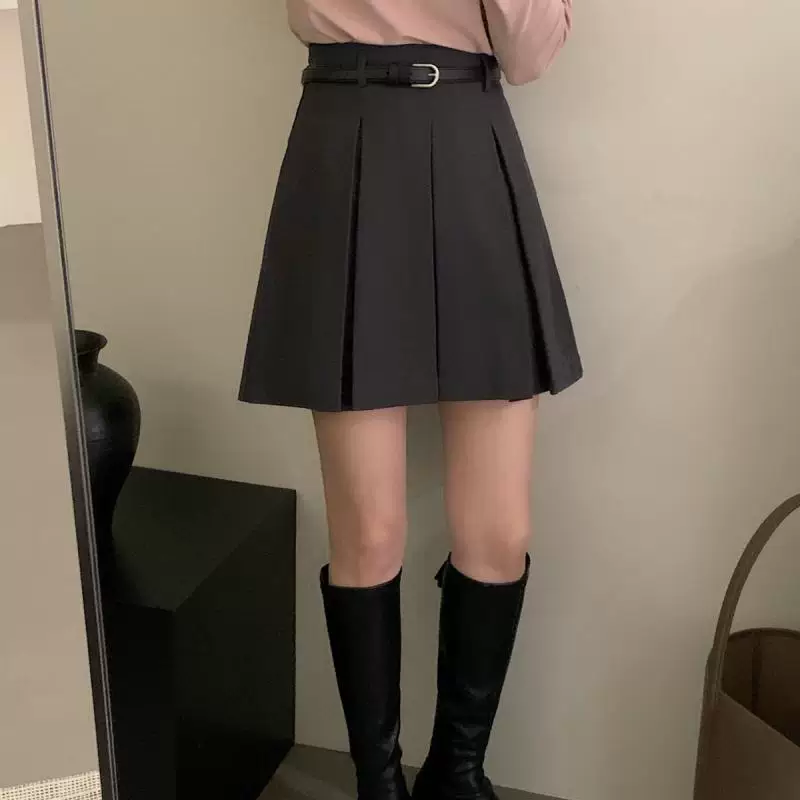 Váy xếp ly màu xám dành cho nữ, mùa thu, cỡ lớn, phong cách preppy, lưng cao, thiết kế độc đáo, váy ngắn kiểu dáng độc đáo, kiểu dáng ôm sát, váy nửa thân che chắn.