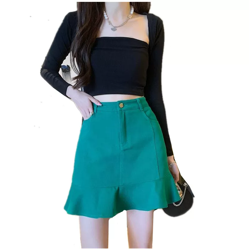 Váy denim hồng cỡ lớn dành cho nữ, váy đuôi cá xếp ly cao eo mùa hè, váy chữ A, váy mini ôm sát màu trắng tôn dáng.