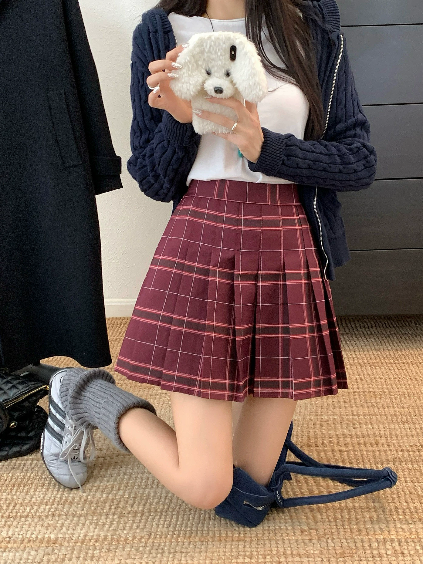 Váy xếp ly kẻ sọc đỏ phong cách đại học dành cho nữ, mùa thu đông, váy kẻ sọc đa năng cỡ lớn JK, váy chữ A lưng cao, váy ngắn thon gọn