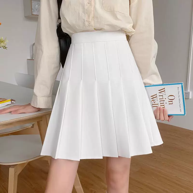 Váy xếp ly màu trắng, váy mới dành cho nữ, váy midi mùa hè, váy chữ A cạp cao, váy xám cỡ lớn dành cho phụ nữ mũm mĩm, váy ngắn.