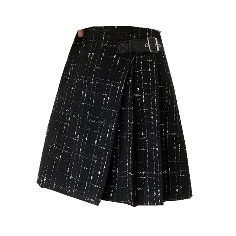 Quần váy xếp ly không đều màu đen bằng len cỡ lớn dành cho nữ, váy chữ A ôm hông lưng cao, váy ngắn mùa thu đông.