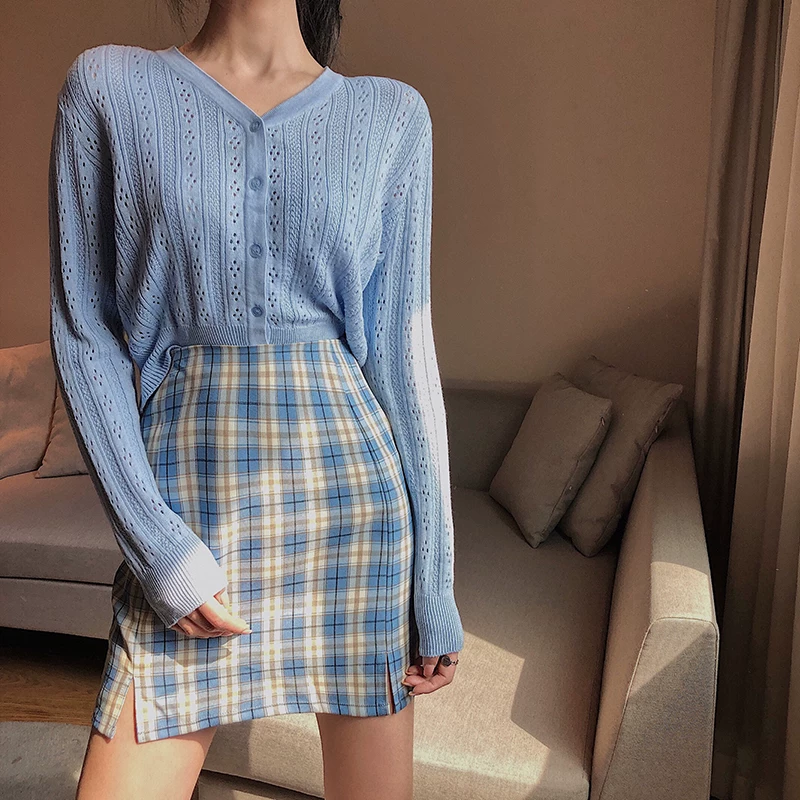 Váy JK giảm béo phong cách preppy cỡ lớn chống lộ cho các cô nàng mũm mĩm, váy ôm hông lưng cao, váy chữ A, váy ngắn kẻ sọc BM.