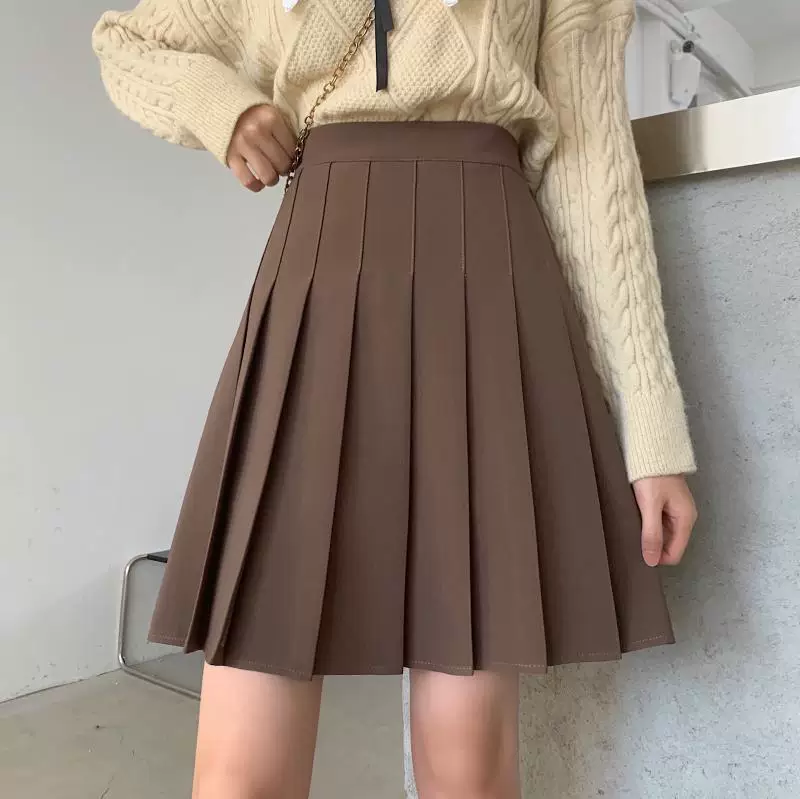 Váy xếp ly dài vừa phải cỡ lớn dành cho nữ, mùa xuân hè, váy chữ A cạp cao che hông, kiểu học sinh, chống lộ, váy phồng.