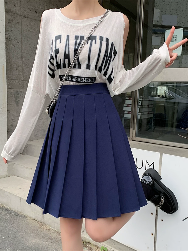 Váy xếp ly màu xanh TB dành cho nữ, váy kiểu preppy cạp cao chống lộ mùa thu đông, váy chữ A, váy nửa thân thon gọn.